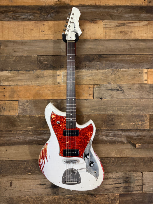 Novo Guitars Serus J Electric Guitar - Olympic White Over Candy Apple Red - Light Distress