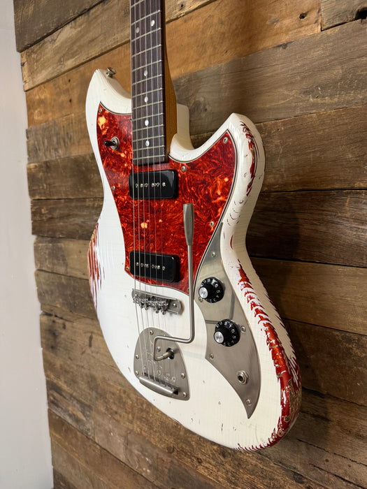 Novo Guitars Serus J Electric Guitar - Olympic White Over Candy Apple Red - Light Distress