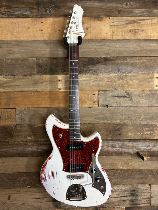 Novo Guitars Serus J Electric Guitar - Olympic White Over Candy Apple Red - Light Distress