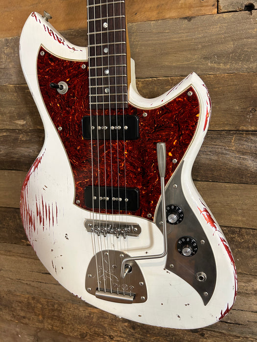 Novo Guitars Serus J Electric Guitar - Olympic White Over Candy Apple Red - Light Distress