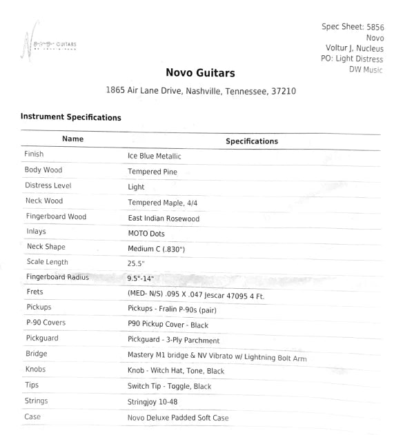 Second Hand Novo Voltur J Guitar Built 2024 Light Distress - Ice Blue Metallic