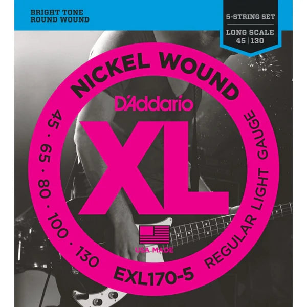 D'Addario XL 45-130 Nickel Wound Long Scale 5 String Bass Strings (EXL170-5)