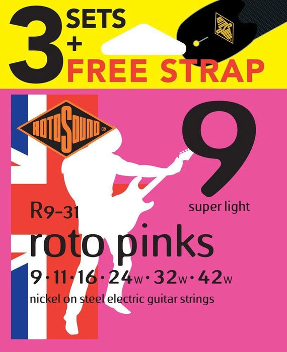 Rotosound Roto Pinks Electric Guitar Strings (3 Pack) + Bonus Strap