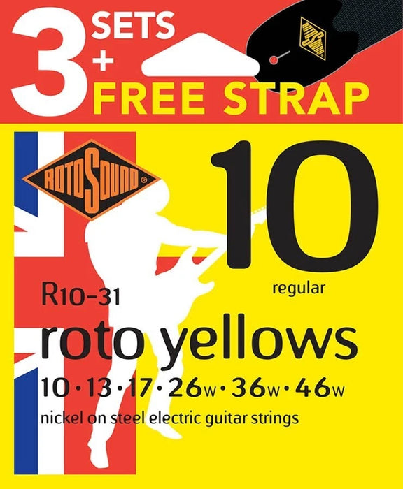 Rotosound Roto Yellows Electric Guitar Strings (3 Pack) + Bonus Strap