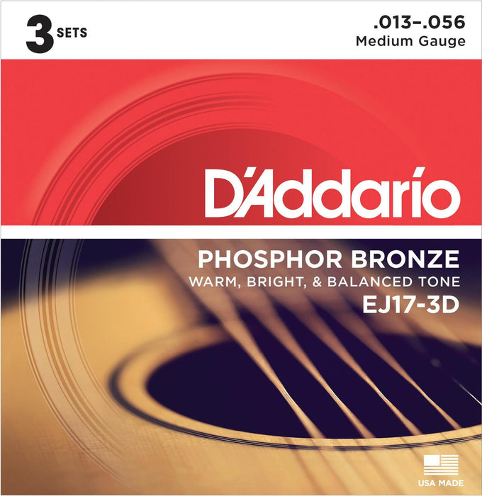 D'Addario Phosphor Bronze 13-56 Acoustic Strings (EJ17) 3 Pack